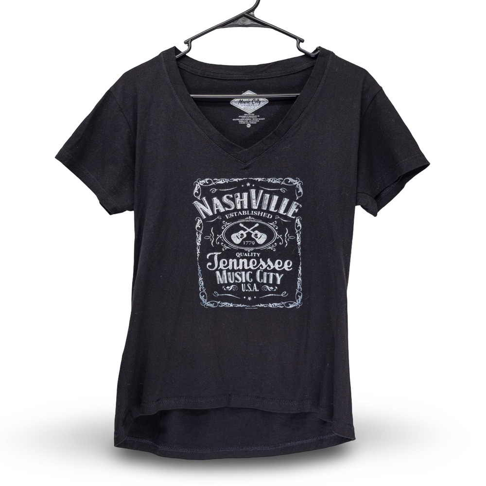 Music City Threads Nashville Tennessee V-Neck T-Shirt Women XL Black Excellent